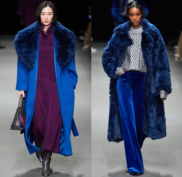 Alberta Ferretti 2022-2023 Fall Autumn Winter Womens Runway Looks - Milano Moda Donna Milan Fashion Week Italy - Noodle Strap Maxi Dress Gown One Shoulder Sheer Chiffon Ruffles Frills Tiered Bedazzled Sequins Paillettes Lace Embroidery Metallic Triangular Tiles Feathers Wings Pleats Velvet Pantsuit Fur Pussy Bow Knit Crochet Sweater Trench Coat Leather Hood Onesie Jumpsuit Coveralls Unitard Landscape Ocean Waves Shawl Skirt Silk Satin Flowers Floral Wide Leg Handbag Boots Gladiators