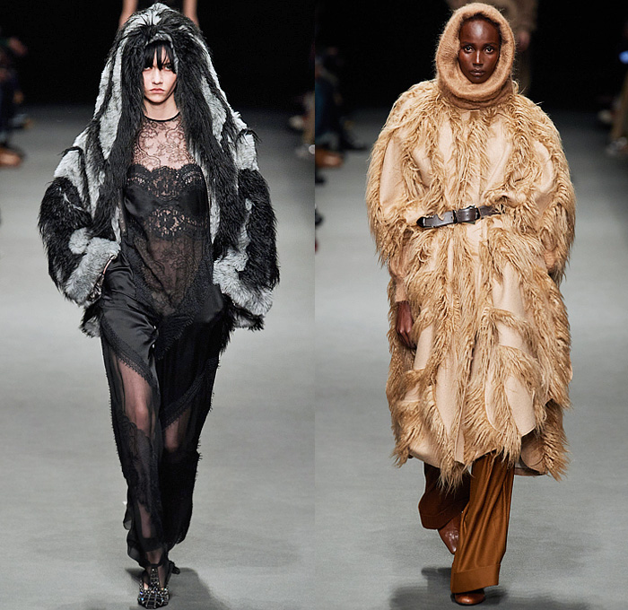 Alberta Ferretti 2022-2023 Fall Autumn Winter Womens Runway Looks - Milano Moda Donna Milan Fashion Week Italy - Noodle Strap Maxi Dress Gown One Shoulder Sheer Chiffon Ruffles Frills Tiered Bedazzled Sequins Paillettes Lace Embroidery Metallic Triangular Tiles Feathers Wings Pleats Velvet Pantsuit Fur Pussy Bow Knit Crochet Sweater Trench Coat Leather Hood Onesie Jumpsuit Coveralls Unitard Landscape Ocean Waves Shawl Skirt Silk Satin Flowers Floral Wide Leg Handbag Boots Gladiators