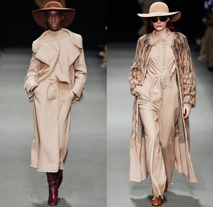 Alberta Ferretti 2022-2023 Fall Autumn Winter Womens Runway Looks - Milano Moda Donna Milan Fashion Week Italy - Noodle Strap Maxi Dress Gown One Shoulder Sheer Chiffon Ruffles Frills Tiered Bedazzled Sequins Paillettes Lace Embroidery Metallic Triangular Tiles Feathers Wings Pleats Velvet Pantsuit Fur Pussy Bow Knit Crochet Sweater Trench Coat Leather Hood Onesie Jumpsuit Coveralls Unitard Landscape Ocean Waves Shawl Skirt Silk Satin Flowers Floral Wide Leg Handbag Boots Gladiators