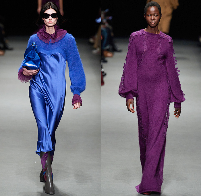 Alberta Ferretti 2022-2023 Fall Autumn Winter Womens Runway Looks - Milano Moda Donna Milan Fashion Week Italy - Noodle Strap Maxi Dress Gown One Shoulder Sheer Chiffon Ruffles Frills Tiered Bedazzled Sequins Paillettes Lace Embroidery Metallic Triangular Tiles Feathers Wings Pleats Velvet Pantsuit Fur Pussy Bow Knit Crochet Sweater Trench Coat Leather Hood Onesie Jumpsuit Coveralls Unitard Landscape Ocean Waves Shawl Skirt Silk Satin Flowers Floral Wide Leg Handbag Boots Gladiators