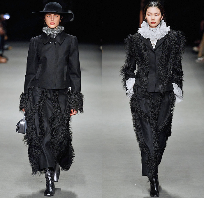 Alberta Ferretti 2022-2023 Fall Autumn Winter Womens Runway Looks - Milano Moda Donna Milan Fashion Week Italy - Noodle Strap Maxi Dress Gown One Shoulder Sheer Chiffon Ruffles Frills Tiered Bedazzled Sequins Paillettes Lace Embroidery Metallic Triangular Tiles Feathers Wings Pleats Velvet Pantsuit Fur Pussy Bow Knit Crochet Sweater Trench Coat Leather Hood Onesie Jumpsuit Coveralls Unitard Landscape Ocean Waves Shawl Skirt Silk Satin Flowers Floral Wide Leg Handbag Boots Gladiators