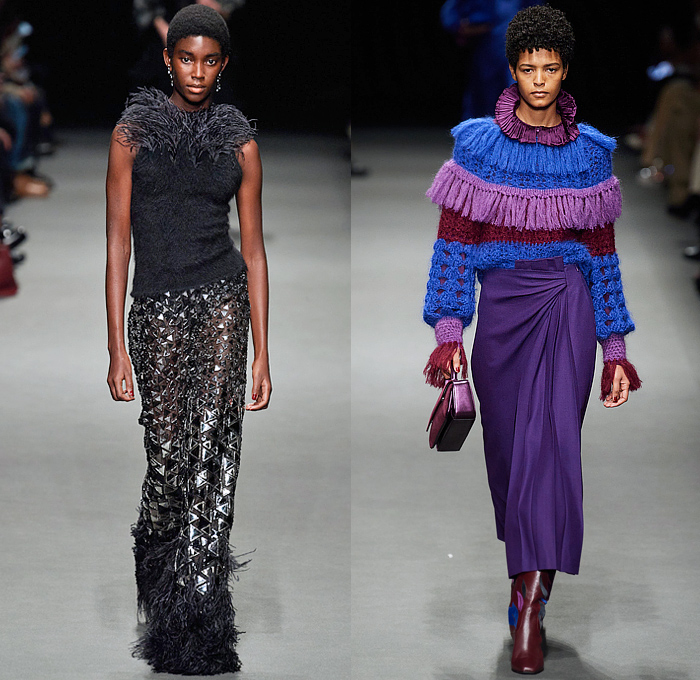 Alberta Ferretti 2022-2023 Fall Autumn Winter Womens Runway Looks - Milano Moda Donna Milan Fashion Week Italy - Noodle Strap Maxi Dress Gown One Shoulder Sheer Chiffon Ruffles Frills Tiered Bedazzled Sequins Paillettes Lace Embroidery Metallic Triangular Tiles Feathers Wings Pleats Velvet Pantsuit Fur Pussy Bow Knit Crochet Sweater Trench Coat Leather Hood Onesie Jumpsuit Coveralls Unitard Landscape Ocean Waves Shawl Skirt Silk Satin Flowers Floral Wide Leg Handbag Boots Gladiators