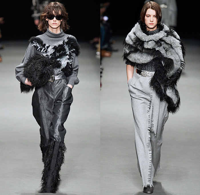 Alberta Ferretti 2022-2023 Fall Autumn Winter Womens Runway Looks - Milano Moda Donna Milan Fashion Week Italy - Noodle Strap Maxi Dress Gown One Shoulder Sheer Chiffon Ruffles Frills Tiered Bedazzled Sequins Paillettes Lace Embroidery Metallic Triangular Tiles Feathers Wings Pleats Velvet Pantsuit Fur Pussy Bow Knit Crochet Sweater Trench Coat Leather Hood Onesie Jumpsuit Coveralls Unitard Landscape Ocean Waves Shawl Skirt Silk Satin Flowers Floral Wide Leg Handbag Boots Gladiators