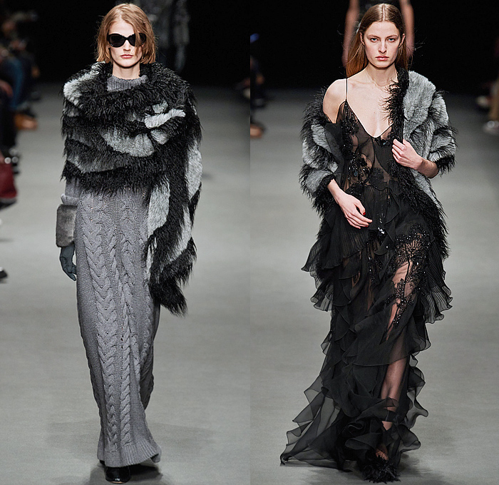 Alberta Ferretti 2022-2023 Fall Autumn Winter Womens Runway Looks - Milano Moda Donna Milan Fashion Week Italy - Noodle Strap Maxi Dress Gown One Shoulder Sheer Chiffon Ruffles Frills Tiered Bedazzled Sequins Paillettes Lace Embroidery Metallic Triangular Tiles Feathers Wings Pleats Velvet Pantsuit Fur Pussy Bow Knit Crochet Sweater Trench Coat Leather Hood Onesie Jumpsuit Coveralls Unitard Landscape Ocean Waves Shawl Skirt Silk Satin Flowers Floral Wide Leg Handbag Boots Gladiators