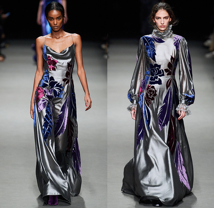 Alberta Ferretti 2022-2023 Fall Autumn Winter Womens Runway Looks - Milano Moda Donna Milan Fashion Week Italy - Noodle Strap Maxi Dress Gown One Shoulder Sheer Chiffon Ruffles Frills Tiered Bedazzled Sequins Paillettes Lace Embroidery Metallic Triangular Tiles Feathers Wings Pleats Velvet Pantsuit Fur Pussy Bow Knit Crochet Sweater Trench Coat Leather Hood Onesie Jumpsuit Coveralls Unitard Landscape Ocean Waves Shawl Skirt Silk Satin Flowers Floral Wide Leg Handbag Boots Gladiators