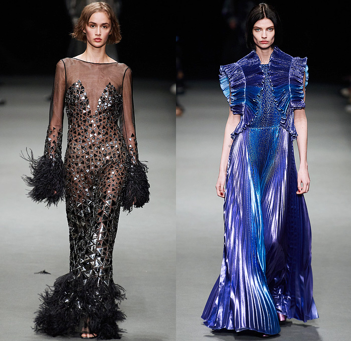 Alberta Ferretti 2022-2023 Fall Autumn Winter Womens Runway Looks - Milano Moda Donna Milan Fashion Week Italy - Noodle Strap Maxi Dress Gown One Shoulder Sheer Chiffon Ruffles Frills Tiered Bedazzled Sequins Paillettes Lace Embroidery Metallic Triangular Tiles Feathers Wings Pleats Velvet Pantsuit Fur Pussy Bow Knit Crochet Sweater Trench Coat Leather Hood Onesie Jumpsuit Coveralls Unitard Landscape Ocean Waves Shawl Skirt Silk Satin Flowers Floral Wide Leg Handbag Boots Gladiators