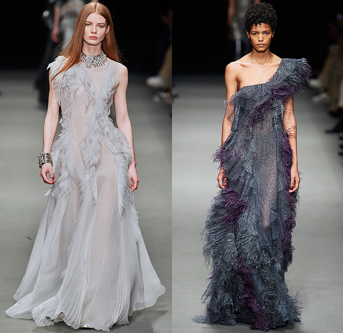 Alberta Ferretti 2022-2023 Fall Autumn Winter Womens Runway Looks - Milano Moda Donna Milan Fashion Week Italy - Noodle Strap Maxi Dress Gown One Shoulder Sheer Chiffon Ruffles Frills Tiered Bedazzled Sequins Paillettes Lace Embroidery Metallic Triangular Tiles Feathers Wings Pleats Velvet Pantsuit Fur Pussy Bow Knit Crochet Sweater Trench Coat Leather Hood Onesie Jumpsuit Coveralls Unitard Landscape Ocean Waves Shawl Skirt Silk Satin Flowers Floral Wide Leg Handbag Boots Gladiators