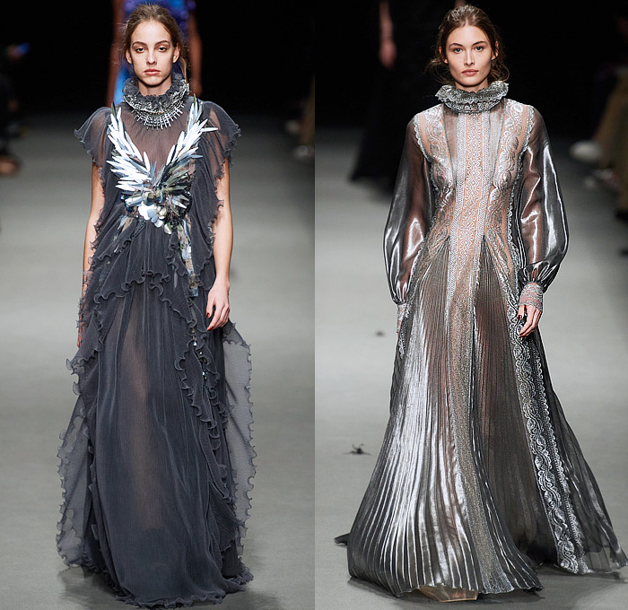 Alberta Ferretti 2022-2023 Fall Autumn Winter Womens Runway Looks - Milano Moda Donna Milan Fashion Week Italy - Noodle Strap Maxi Dress Gown One Shoulder Sheer Chiffon Ruffles Frills Tiered Bedazzled Sequins Paillettes Lace Embroidery Metallic Triangular Tiles Feathers Wings Pleats Velvet Pantsuit Fur Pussy Bow Knit Crochet Sweater Trench Coat Leather Hood Onesie Jumpsuit Coveralls Unitard Landscape Ocean Waves Shawl Skirt Silk Satin Flowers Floral Wide Leg Handbag Boots Gladiators