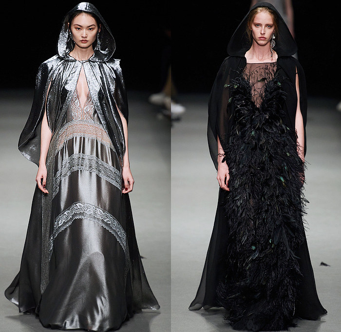 Alberta Ferretti 2022-2023 Fall Autumn Winter Womens Runway Looks - Milano Moda Donna Milan Fashion Week Italy - Noodle Strap Maxi Dress Gown One Shoulder Sheer Chiffon Ruffles Frills Tiered Bedazzled Sequins Paillettes Lace Embroidery Metallic Triangular Tiles Feathers Wings Pleats Velvet Pantsuit Fur Pussy Bow Knit Crochet Sweater Trench Coat Leather Hood Onesie Jumpsuit Coveralls Unitard Landscape Ocean Waves Shawl Skirt Silk Satin Flowers Floral Wide Leg Handbag Boots Gladiators