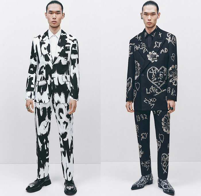 Alexander McQueen 2022-2023 Fall Autumn Winter Mens Lookbook Presentation - Suit Blazer Abstract Spray Paint Graffiti Art Letters Embroidery Bedazzled Trinkets Metallic Sequins Beads Studs Heart Date Asymmetrical Skirt Panel Long Sleeve Shirt Sleeveless Vest Tabard Outerwear Trench Coat Strap Belt Tied Houndstooth Deconstructed Dress Ruffles Tapered Pants Peplum Sheer Tulle Lace V-Shaped Tank Top Knit Sweater Boots Briefcase Envelope