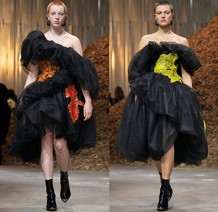 Alexander McQueen 2022-2023 Fall Autumn Winter Womens Runway Looks - New York - Sarah Burton - Mycelium Psychedelic Mushroom Spore Sheer Tulle Fishnet Exploded Voluminous Tiered Ruffles Crystals Beads Sequins Beetled Deconstructed Dress Spray Paint Pantsuit Blazer Motorcycle Biker Rider Jacket Crop Top Midriff Asymmetrical Denim Jeans Skirt Strapless Straps Belts Spikes Bandage Bandeau Draped Coat Blazerdress Lace Embroidery Cutout Threads Fringes Gown Knit Sweater Boots Handbag
