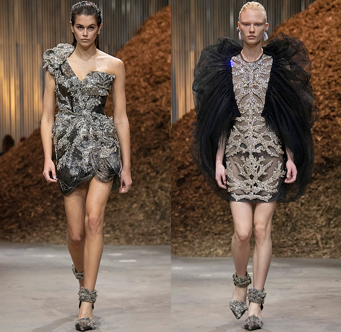 Alexander McQueen 2022-2023 Fall Autumn Winter Womens Runway Looks - New York - Sarah Burton - Mycelium Psychedelic Mushroom Spore Sheer Tulle Fishnet Exploded Voluminous Tiered Ruffles Crystals Beads Sequins Beetled Deconstructed Dress Spray Paint Pantsuit Blazer Motorcycle Biker Rider Jacket Crop Top Midriff Asymmetrical Denim Jeans Skirt Strapless Straps Belts Spikes Bandage Bandeau Draped Coat Blazerdress Lace Embroidery Cutout Threads Fringes Gown Knit Sweater Boots Handbag
