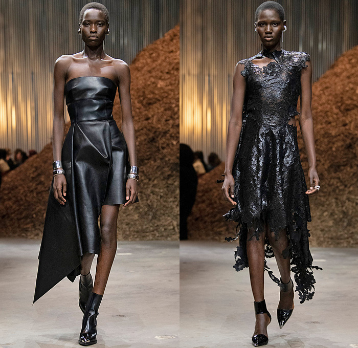 Alexander McQueen 2022-2023 Fall Autumn Winter Womens Runway Looks - New York - Sarah Burton - Mycelium Psychedelic Mushroom Spore Sheer Tulle Fishnet Exploded Voluminous Tiered Ruffles Crystals Beads Sequins Beetled Deconstructed Dress Spray Paint Pantsuit Blazer Motorcycle Biker Rider Jacket Crop Top Midriff Asymmetrical Denim Jeans Skirt Strapless Straps Belts Spikes Bandage Bandeau Draped Coat Blazerdress Lace Embroidery Cutout Threads Fringes Gown Knit Sweater Boots Handbag