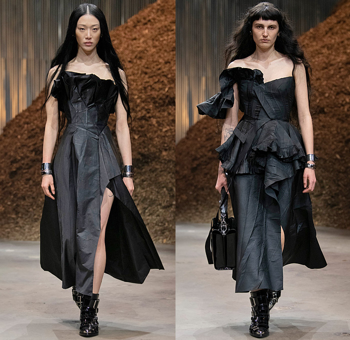 Alexander McQueen 2022-2023 Fall Autumn Winter Womens Runway Looks - New York - Sarah Burton - Mycelium Psychedelic Mushroom Spore Sheer Tulle Fishnet Exploded Voluminous Tiered Ruffles Crystals Beads Sequins Beetled Deconstructed Dress Spray Paint Pantsuit Blazer Motorcycle Biker Rider Jacket Crop Top Midriff Asymmetrical Denim Jeans Skirt Strapless Straps Belts Spikes Bandage Bandeau Draped Coat Blazerdress Lace Embroidery Cutout Threads Fringes Gown Knit Sweater Boots Handbag