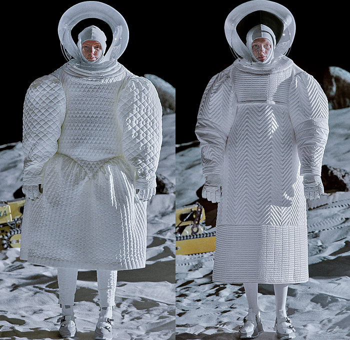 ANREALAGE 2022-2023 Fall Autumn Winter Womens Runway Catwalk Looks - Paris Fashion Week Femme PFW - Planet JAXA Space Exploration Lunar Site Spacesuit Circular Headpiece Balaclava Hoodie Sculpture Quilted Puffer Oversized Puritan Collar Gloves Poodle Skirt Ruffles Leggings Tights Poufy Shoulders Ribbed Zigzag Trench Coat Knit Sweater Jumper Crochet Wide Leg Balloon Bomber Jacket Pockets Houndstooth Plaid Check Geometric Typography Dress Pouch Duffel Canister Bag Tote Astronaut Boots