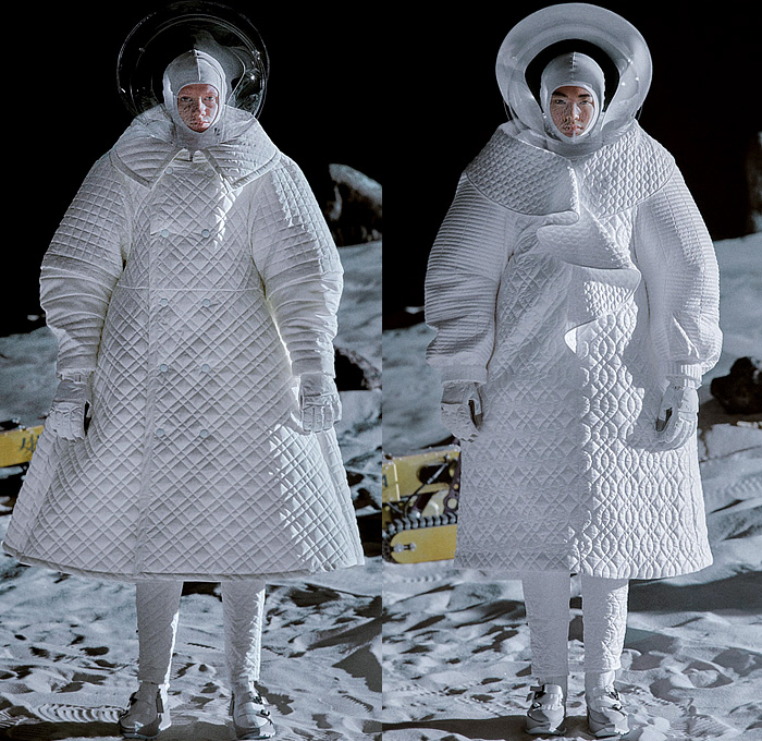 ANREALAGE 2022-2023 Fall Autumn Winter Womens Runway Catwalk Looks - Paris Fashion Week Femme PFW - Planet JAXA Space Exploration Lunar Site Spacesuit Circular Headpiece Balaclava Hoodie Sculpture Quilted Puffer Oversized Puritan Collar Gloves Poodle Skirt Ruffles Leggings Tights Poufy Shoulders Ribbed Zigzag Trench Coat Knit Sweater Jumper Crochet Wide Leg Balloon Bomber Jacket Pockets Houndstooth Plaid Check Geometric Typography Dress Pouch Duffel Canister Bag Tote Astronaut Boots