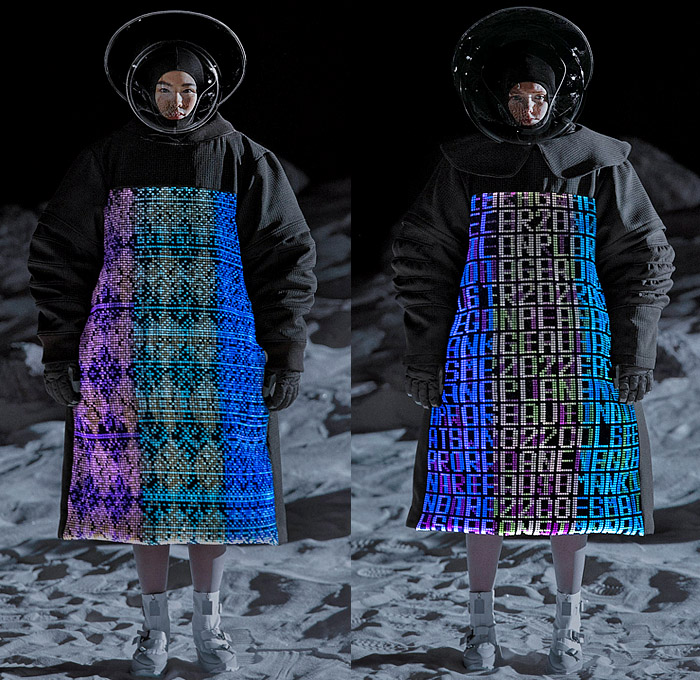 ANREALAGE 2022-2023 Fall Autumn Winter Womens Runway Catwalk Looks - Paris Fashion Week Femme PFW - Planet JAXA Space Exploration Lunar Site Spacesuit Circular Headpiece Balaclava Hoodie Sculpture Quilted Puffer Oversized Puritan Collar Gloves Poodle Skirt Ruffles Leggings Tights Poufy Shoulders Ribbed Zigzag Trench Coat Knit Sweater Jumper Crochet Wide Leg Balloon Bomber Jacket Pockets Houndstooth Plaid Check Geometric Typography Dress Pouch Duffel Canister Bag Tote Astronaut Boots