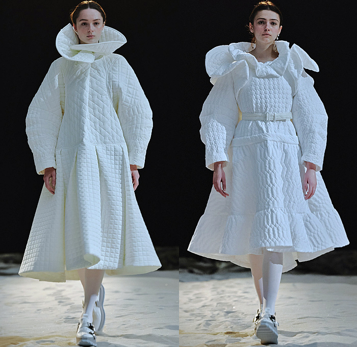 ANREALAGE 2022-2023 Fall Autumn Winter Womens Runway Catwalk Looks - Paris Fashion Week Femme PFW - Planet JAXA Space Exploration Lunar Site Spacesuit Circular Headpiece Balaclava Hoodie Sculpture Quilted Puffer Oversized Puritan Collar Gloves Poodle Skirt Ruffles Leggings Tights Poufy Shoulders Ribbed Zigzag Trench Coat Knit Sweater Jumper Crochet Wide Leg Balloon Bomber Jacket Pockets Houndstooth Plaid Check Geometric Typography Dress Pouch Duffel Canister Bag Tote Astronaut Boots