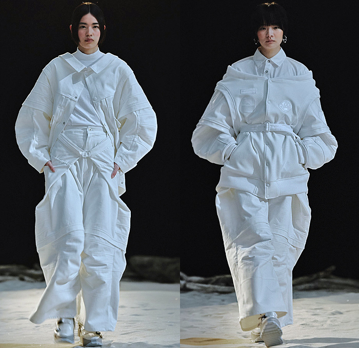 ANREALAGE 2022-2023 Fall Autumn Winter Womens Runway Catwalk Looks - Paris Fashion Week Femme PFW - Planet JAXA Space Exploration Lunar Site Spacesuit Circular Headpiece Balaclava Hoodie Sculpture Quilted Puffer Oversized Puritan Collar Gloves Poodle Skirt Ruffles Leggings Tights Poufy Shoulders Ribbed Zigzag Trench Coat Knit Sweater Jumper Crochet Wide Leg Balloon Bomber Jacket Pockets Houndstooth Plaid Check Geometric Typography Dress Pouch Duffel Canister Bag Tote Astronaut Boots