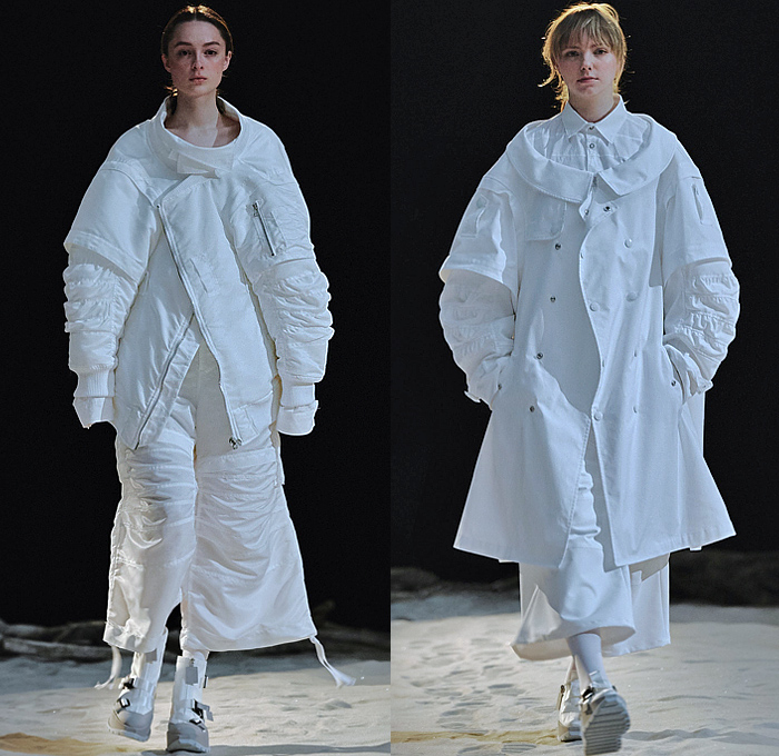 ANREALAGE 2022-2023 Fall Autumn Winter Womens Runway Catwalk Looks - Paris Fashion Week Femme PFW - Planet JAXA Space Exploration Lunar Site Spacesuit Circular Headpiece Balaclava Hoodie Sculpture Quilted Puffer Oversized Puritan Collar Gloves Poodle Skirt Ruffles Leggings Tights Poufy Shoulders Ribbed Zigzag Trench Coat Knit Sweater Jumper Crochet Wide Leg Balloon Bomber Jacket Pockets Houndstooth Plaid Check Geometric Typography Dress Pouch Duffel Canister Bag Tote Astronaut Boots