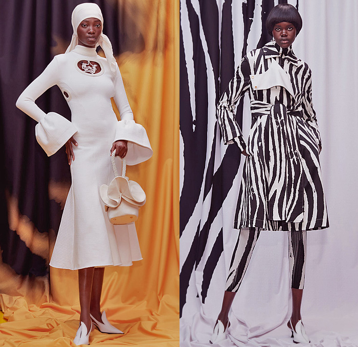 AZ Factory with Amigo Thebe Magugu 2022-2023 Fall Autumn Winter Womens Lookbook Presentation - Intersection African Head Wrap Hat Knit Turtleneck Sweaterdress Maxi Dress Caftan Bell Sleeves Holes Cutout Animalier Zebra Stripes Snakeskin Cat Trench Coat Oversized Bow Ribbon Tied Accordion Pleats Poufy Shoulders Ruffles String Draped Wide Leg Baggy Pants Sailor Wide Collar Bomber Jacket Long Sleeve Blouse Paint Stain Bird Feathers Handbag Boots