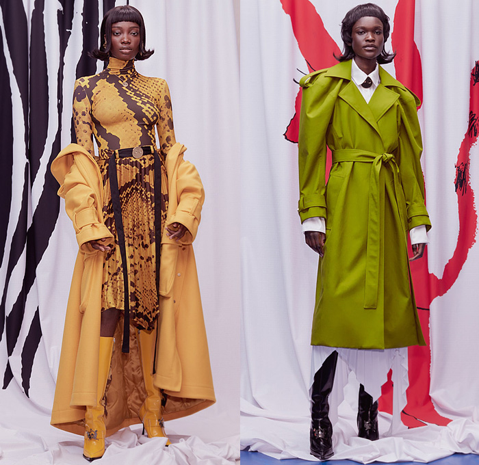 AZ Factory with Amigo Thebe Magugu 2022-2023 Fall Autumn Winter Womens Lookbook Presentation - Intersection African Head Wrap Hat Knit Turtleneck Sweaterdress Maxi Dress Caftan Bell Sleeves Holes Cutout Animalier Zebra Stripes Snakeskin Cat Trench Coat Oversized Bow Ribbon Tied Accordion Pleats Poufy Shoulders Ruffles String Draped Wide Leg Baggy Pants Sailor Wide Collar Bomber Jacket Long Sleeve Blouse Paint Stain Bird Feathers Handbag Boots