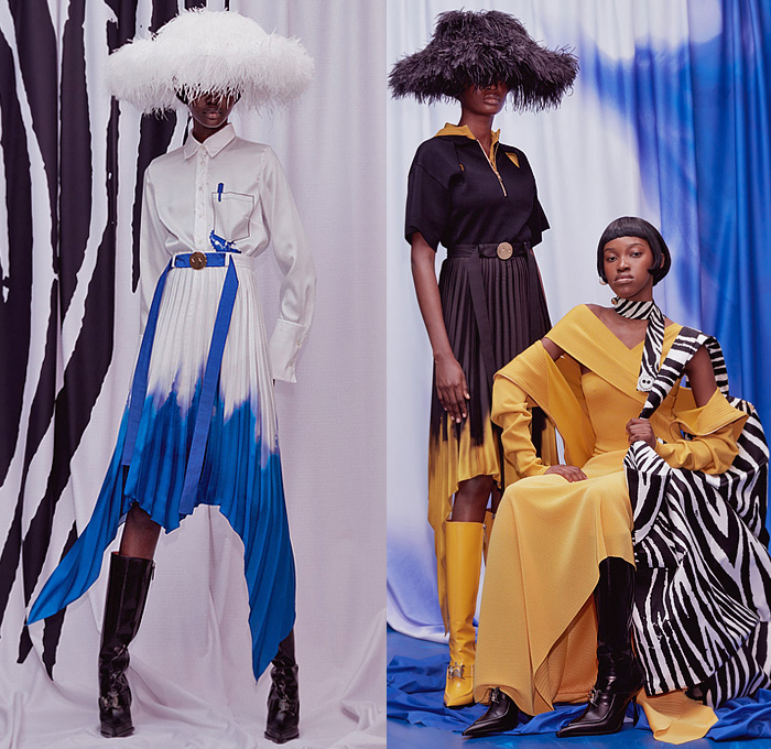 AZ Factory with Amigo Thebe Magugu 2022-2023 Fall Autumn Winter Womens Lookbook Presentation - Intersection African Head Wrap Hat Knit Turtleneck Sweaterdress Maxi Dress Caftan Bell Sleeves Holes Cutout Animalier Zebra Stripes Snakeskin Cat Trench Coat Oversized Bow Ribbon Tied Accordion Pleats Poufy Shoulders Ruffles String Draped Wide Leg Baggy Pants Sailor Wide Collar Bomber Jacket Long Sleeve Blouse Paint Stain Bird Feathers Handbag Boots