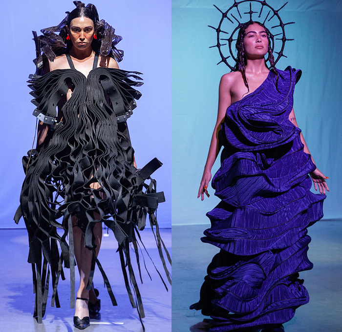 Bárbara Sánchez-Kane 2022-2023 Fall Autumn Winter Womens Mens Runway Looks - Deconstructed Sculpture Straps Belts Mesh Fringes One Shoulder Dress Gown Eveningwear Halo Crown Thorns Cross Tiered Swirls Boxing Gloves Leather Wallets Crop Top Midriff Jacket Miniskirt Tights Stockings Sheer Ribbons Balloons Cutout Holes Perforated Padded Pinstripe Suit Blazer Wide Leg Flare Denim Jeans Multiple Pockets Loungewear Sleepwear Pajamas Chaps 