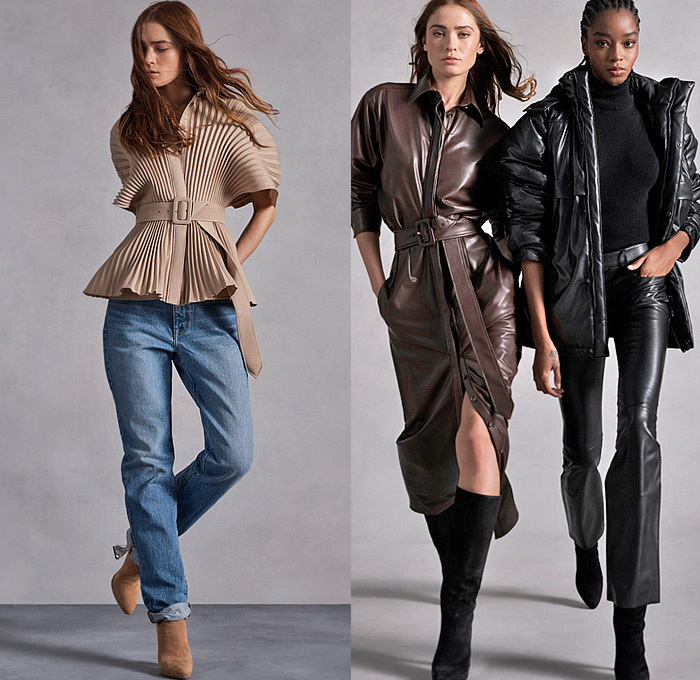 Brandon Maxwell 2022 Pre-Fall Autumn Womens Lookbook Presentation - Accordion Pleats Capsleeve Oversleeve Alligator Crocodile Leather Shirtdress Onesie Quilted Puffer Coat Knit Turtleneck Sweater Motorcycle Biker Jacket Tiered Ruffles Bedazzled Sequins Adorned Trench Coat Pantsuit Strapless Gown Dress Wide Leg Palazzo Pants Cinch Draped Tied Crop Top Midriff Denim Jeans Boots