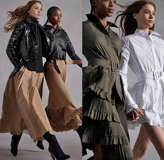 Brandon Maxwell 2022 Pre-Fall Autumn Womens Lookbook Presentation - Accordion Pleats Capsleeve Oversleeve Alligator Crocodile Leather Shirtdress Onesie Quilted Puffer Coat Knit Turtleneck Sweater Motorcycle Biker Jacket Tiered Ruffles Bedazzled Sequins Adorned Trench Coat Pantsuit Strapless Gown Dress Wide Leg Palazzo Pants Cinch Draped Tied Crop Top Midriff Denim Jeans Boots