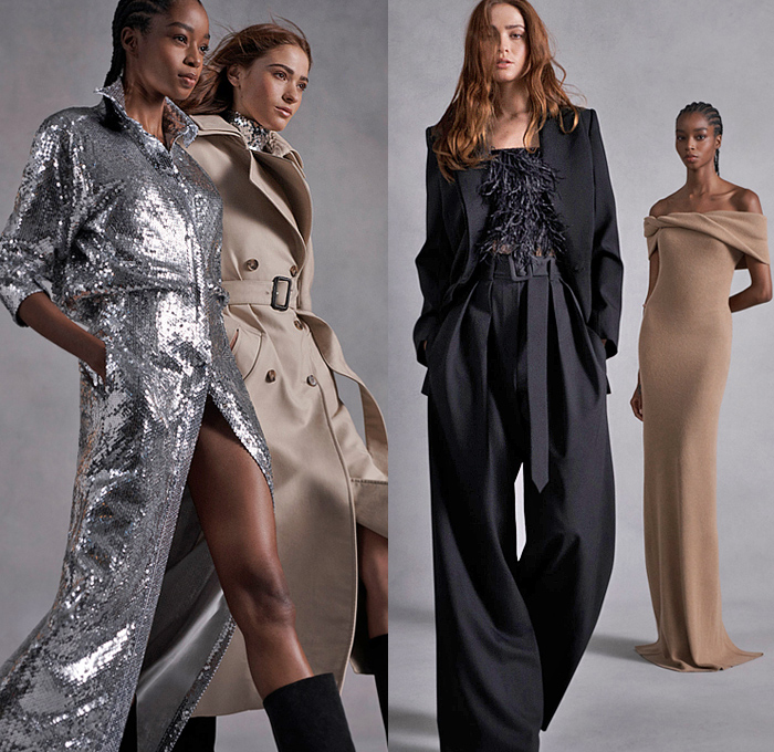 Brandon Maxwell 2022 Pre-Fall Autumn Womens Lookbook Presentation - Accordion Pleats Capsleeve Oversleeve Alligator Crocodile Leather Shirtdress Onesie Quilted Puffer Coat Knit Turtleneck Sweater Motorcycle Biker Jacket Tiered Ruffles Bedazzled Sequins Adorned Trench Coat Pantsuit Strapless Gown Dress Wide Leg Palazzo Pants Cinch Draped Tied Crop Top Midriff Denim Jeans Boots