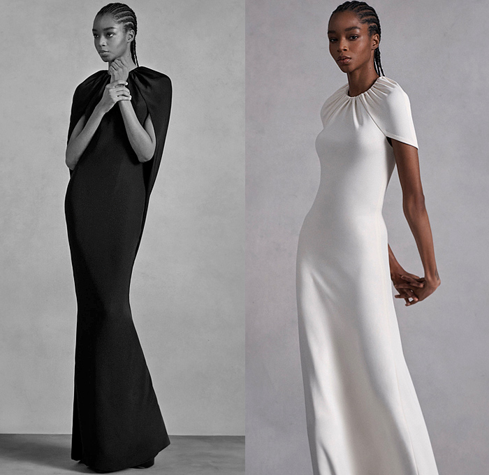 Brandon Maxwell 2022 Pre-Fall Autumn Womens Lookbook Presentation - Accordion Pleats Capsleeve Oversleeve Alligator Crocodile Leather Shirtdress Onesie Quilted Puffer Coat Knit Turtleneck Sweater Motorcycle Biker Jacket Tiered Ruffles Bedazzled Sequins Adorned Trench Coat Pantsuit Strapless Gown Dress Wide Leg Palazzo Pants Cinch Draped Tied Crop Top Midriff Denim Jeans Boots