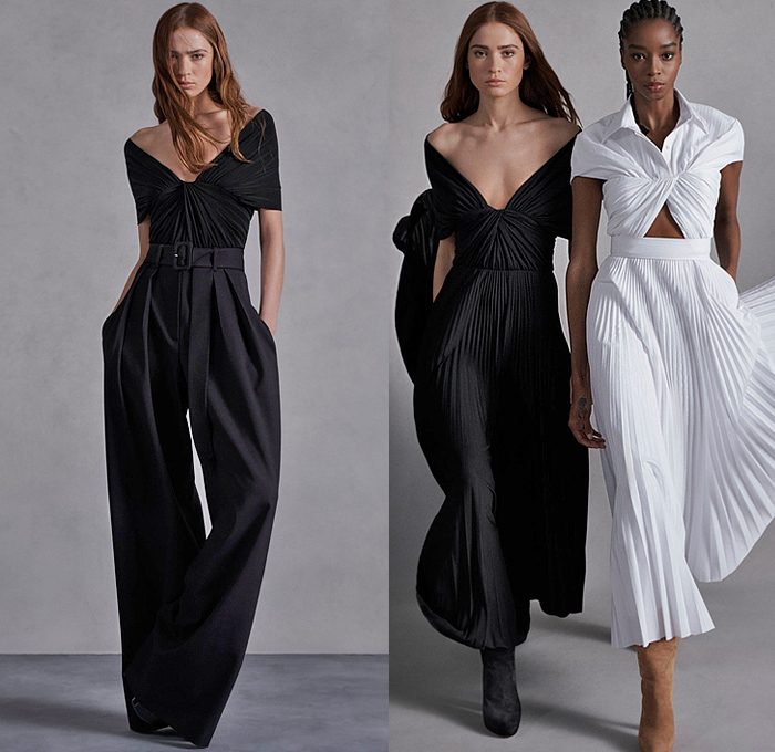 Brandon Maxwell 2022 Pre-Fall Autumn Womens Lookbook Presentation - Accordion Pleats Capsleeve Oversleeve Alligator Crocodile Leather Shirtdress Onesie Quilted Puffer Coat Knit Turtleneck Sweater Motorcycle Biker Jacket Tiered Ruffles Bedazzled Sequins Adorned Trench Coat Pantsuit Strapless Gown Dress Wide Leg Palazzo Pants Cinch Draped Tied Crop Top Midriff Denim Jeans Boots