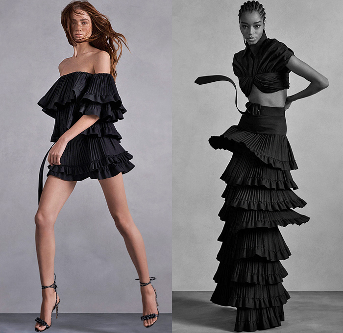 Brandon Maxwell 2022 Pre-Fall Autumn Womens Lookbook Presentation - Accordion Pleats Capsleeve Oversleeve Alligator Crocodile Leather Shirtdress Onesie Quilted Puffer Coat Knit Turtleneck Sweater Motorcycle Biker Jacket Tiered Ruffles Bedazzled Sequins Adorned Trench Coat Pantsuit Strapless Gown Dress Wide Leg Palazzo Pants Cinch Draped Tied Crop Top Midriff Denim Jeans Boots