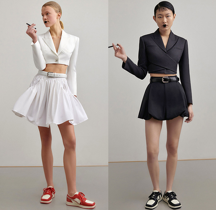 Calvin Luo 2022-2023 Fall Autumn Winter Womens Lookbook Presentation - Paris Fashion Week Femme PFW - Le Noir - Crop Top Midriff Blazer Jacket Pantsuit Ruffles Bedazzled Sequins Embroidery Flowers Floral Cross Wrap Noodle Strap Dress Gown Metal Hooks Trench Coat Oversleeve Vest Elongated Waistline Onesie Jumpsuit Strapless Open Shoulders Peplum Chain Miniskirt Pinstripe Wide Leg Denim Jeans Sneakers