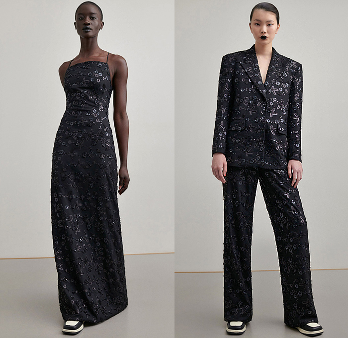 Calvin Luo 2022-2023 Fall Autumn Winter Womens Lookbook Presentation - Paris Fashion Week Femme PFW - Le Noir - Crop Top Midriff Blazer Jacket Pantsuit Ruffles Bedazzled Sequins Embroidery Flowers Floral Cross Wrap Noodle Strap Dress Gown Metal Hooks Trench Coat Oversleeve Vest Elongated Waistline Onesie Jumpsuit Strapless Open Shoulders Peplum Chain Miniskirt Pinstripe Wide Leg Denim Jeans Sneakers