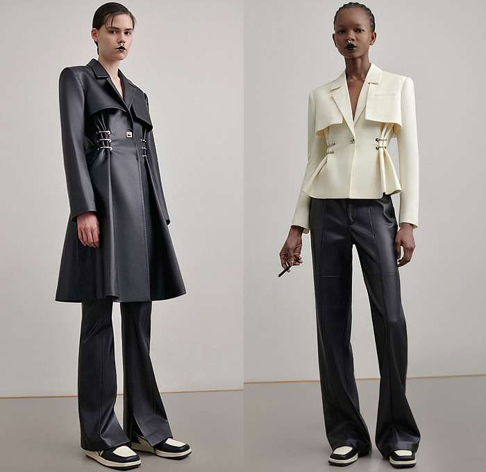 Calvin Luo 2022-2023 Fall Autumn Winter Womens Lookbook Presentation - Paris Fashion Week Femme PFW - Le Noir - Crop Top Midriff Blazer Jacket Pantsuit Ruffles Bedazzled Sequins Embroidery Flowers Floral Cross Wrap Noodle Strap Dress Gown Metal Hooks Trench Coat Oversleeve Vest Elongated Waistline Onesie Jumpsuit Strapless Open Shoulders Peplum Chain Miniskirt Pinstripe Wide Leg Denim Jeans Sneakers