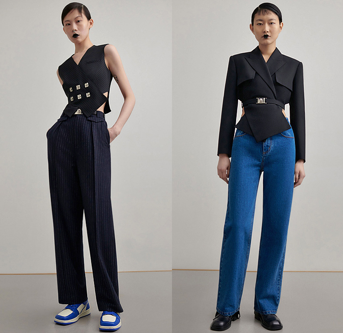 Calvin Luo 2022-2023 Fall Autumn Winter Womens Lookbook Presentation - Paris Fashion Week Femme PFW - Le Noir - Crop Top Midriff Blazer Jacket Pantsuit Ruffles Bedazzled Sequins Embroidery Flowers Floral Cross Wrap Noodle Strap Dress Gown Metal Hooks Trench Coat Oversleeve Vest Elongated Waistline Onesie Jumpsuit Strapless Open Shoulders Peplum Chain Miniskirt Pinstripe Wide Leg Denim Jeans Sneakers