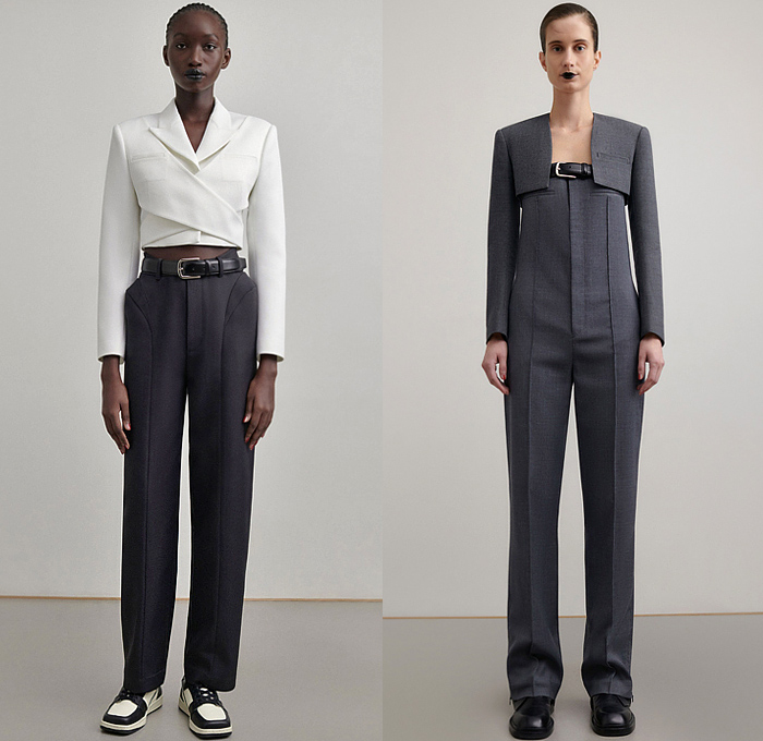 Calvin Luo 2022-2023 Fall Autumn Winter Womens Lookbook Presentation - Paris Fashion Week Femme PFW - Le Noir - Crop Top Midriff Blazer Jacket Pantsuit Ruffles Bedazzled Sequins Embroidery Flowers Floral Cross Wrap Noodle Strap Dress Gown Metal Hooks Trench Coat Oversleeve Vest Elongated Waistline Onesie Jumpsuit Strapless Open Shoulders Peplum Chain Miniskirt Pinstripe Wide Leg Denim Jeans Sneakers