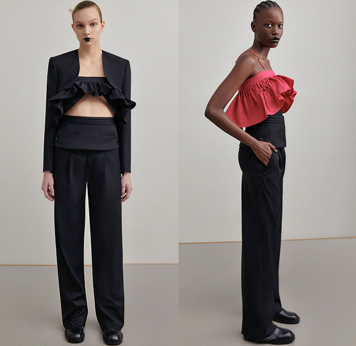 Calvin Luo 2022-2023 Fall Autumn Winter Womens Lookbook Presentation - Paris Fashion Week Femme PFW - Le Noir - Crop Top Midriff Blazer Jacket Pantsuit Ruffles Bedazzled Sequins Embroidery Flowers Floral Cross Wrap Noodle Strap Dress Gown Metal Hooks Trench Coat Oversleeve Vest Elongated Waistline Onesie Jumpsuit Strapless Open Shoulders Peplum Chain Miniskirt Pinstripe Wide Leg Denim Jeans Sneakers