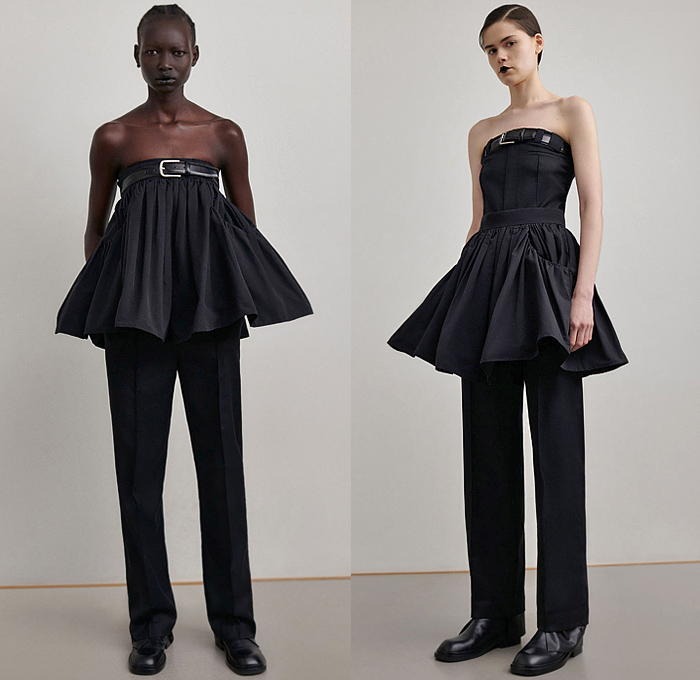 Calvin Luo 2022-2023 Fall Autumn Winter Womens Lookbook Presentation - Paris Fashion Week Femme PFW - Le Noir - Crop Top Midriff Blazer Jacket Pantsuit Ruffles Bedazzled Sequins Embroidery Flowers Floral Cross Wrap Noodle Strap Dress Gown Metal Hooks Trench Coat Oversleeve Vest Elongated Waistline Onesie Jumpsuit Strapless Open Shoulders Peplum Chain Miniskirt Pinstripe Wide Leg Denim Jeans Sneakers