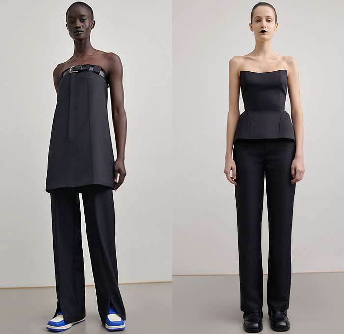 Calvin Luo 2022-2023 Fall Autumn Winter Womens Lookbook Presentation - Paris Fashion Week Femme PFW - Le Noir - Crop Top Midriff Blazer Jacket Pantsuit Ruffles Bedazzled Sequins Embroidery Flowers Floral Cross Wrap Noodle Strap Dress Gown Metal Hooks Trench Coat Oversleeve Vest Elongated Waistline Onesie Jumpsuit Strapless Open Shoulders Peplum Chain Miniskirt Pinstripe Wide Leg Denim Jeans Sneakers