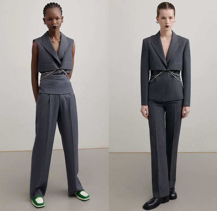 Calvin Luo 2022-2023 Fall Autumn Winter Womens Lookbook Presentation - Paris Fashion Week Femme PFW - Le Noir - Crop Top Midriff Blazer Jacket Pantsuit Ruffles Bedazzled Sequins Embroidery Flowers Floral Cross Wrap Noodle Strap Dress Gown Metal Hooks Trench Coat Oversleeve Vest Elongated Waistline Onesie Jumpsuit Strapless Open Shoulders Peplum Chain Miniskirt Pinstripe Wide Leg Denim Jeans Sneakers