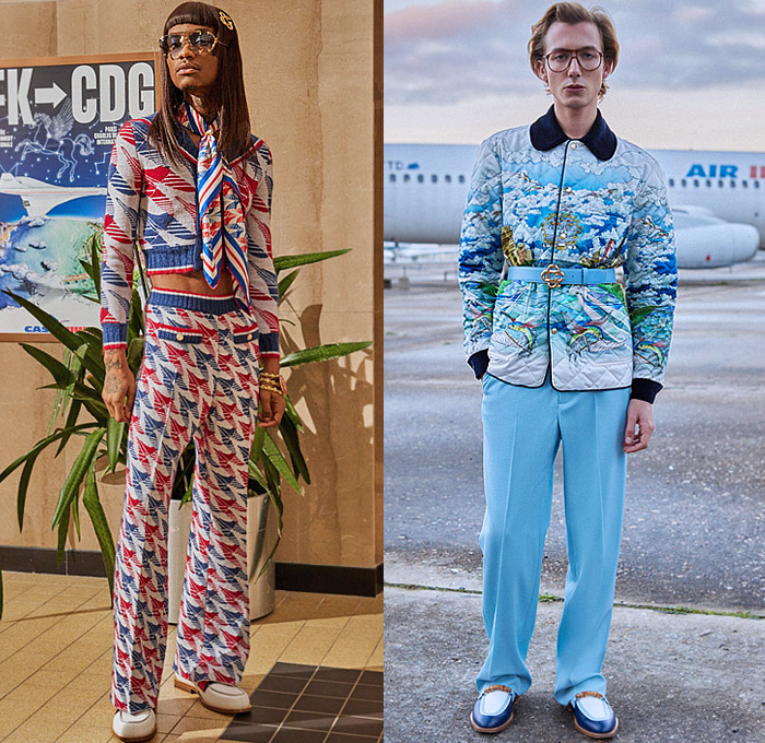 Casablanca Paris 2022-2023 Fall Autumn Winter Mens Lookbook Presentation - Le Monde Diplomatique 1970s Jetsetter Denim Jeans Embroidery Crystals Sequins Flowers Floral Garden Trellis Flying Fish Lattice Airplane Logo Shearling Fur Officer Jacket Geometric Diamond Shape Pointed Lapel Turtleneck Knit Cardigan Suit Crop Top Midriff Quilted Puffer Vest Track Jacket Poncho Cape Emblem Coat Robe Wide Leg Flat Front Pants Scarf Gloves Loafers Trainers Handbag Luggage Clutch Basket Hat