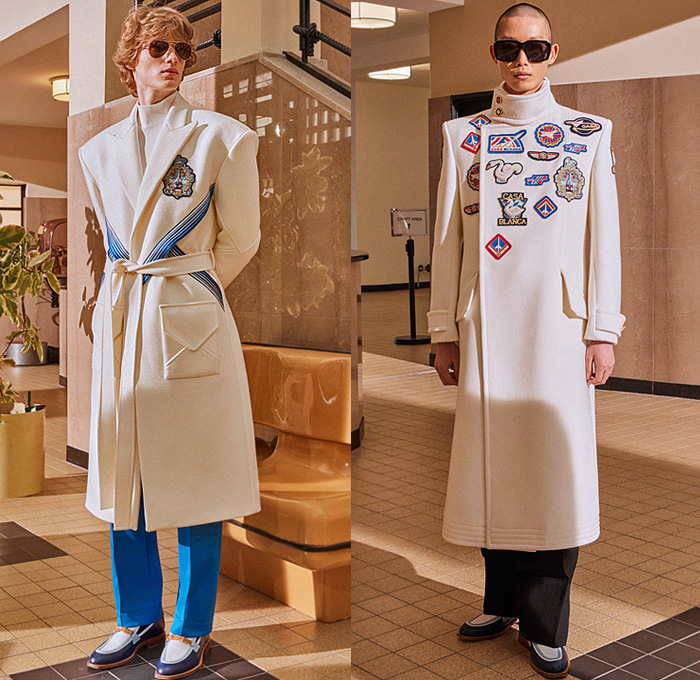 Casablanca Paris 2022-2023 Fall Autumn Winter Mens Lookbook Presentation - Le Monde Diplomatique 1970s Jetsetter Denim Jeans Embroidery Crystals Sequins Flowers Floral Garden Trellis Flying Fish Lattice Airplane Logo Shearling Fur Officer Jacket Geometric Diamond Shape Pointed Lapel Turtleneck Knit Cardigan Suit Crop Top Midriff Quilted Puffer Vest Track Jacket Poncho Cape Emblem Coat Robe Wide Leg Flat Front Pants Scarf Gloves Loafers Trainers Handbag Luggage Clutch Basket Hat