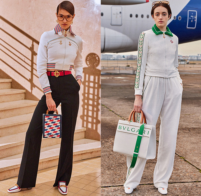 Casablanca Paris 2022-2023 Fall Autumn Winter Womens Lookbook Presentation - Le Monde Diplomatique 1970s Jetsetter Plane Quilted Pegasus Swan Stars Crop Top Midriff Knit Crochet Sweater Cardigan Tiles Beads Sequins Pearls Diamond Shape Track Jacket Stripes Mesh Curved Hem Miniskirt Tights Leggings Wide Leg Flare Dress Gown Cape Poncho Sheer Feathers Shirtdress Pantsuit Plaid Check Coat Beret Headband Handbag Duffel Bag Tote Sneakers Flight Attendant Hat