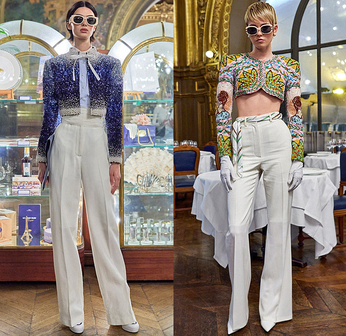 Casablanca Paris 2022-2023 Fall Autumn Winter Womens Lookbook Presentation - Le Monde Diplomatique 1970s Jetsetter Plane Quilted Pegasus Swan Stars Crop Top Midriff Knit Crochet Sweater Cardigan Tiles Beads Sequins Pearls Diamond Shape Track Jacket Stripes Mesh Curved Hem Miniskirt Tights Leggings Wide Leg Flare Dress Gown Cape Poncho Sheer Feathers Shirtdress Pantsuit Plaid Check Coat Beret Headband Handbag Duffel Bag Tote Sneakers Flight Attendant Hat