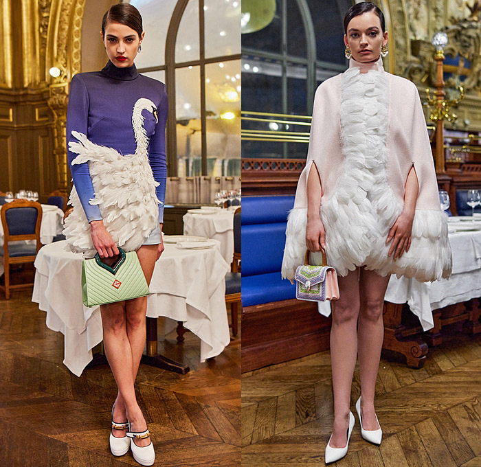 Casablanca Paris 2022-2023 Fall Autumn Winter Womens Lookbook Presentation - Le Monde Diplomatique 1970s Jetsetter Plane Quilted Pegasus Swan Stars Crop Top Midriff Knit Crochet Sweater Cardigan Tiles Beads Sequins Pearls Diamond Shape Track Jacket Stripes Mesh Curved Hem Miniskirt Tights Leggings Wide Leg Flare Dress Gown Cape Poncho Sheer Feathers Shirtdress Pantsuit Plaid Check Coat Beret Headband Handbag Duffel Bag Tote Sneakers Flight Attendant Hat