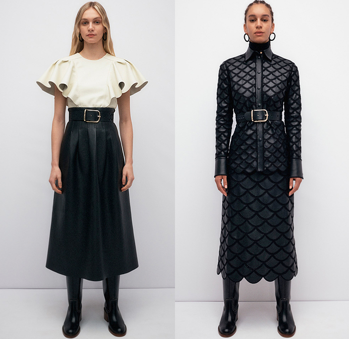 Chloé 2022 Pre-Fall Autumn Womens Lookbook Presentation - Balloon Leg O'Mutton Wide Cupcake Sleeves Ruffles Oversleeve Capelet Holes Eyelets Leaves Foliage Decorative Art Blouse Scales Knit Crochet Mesh Fishnet Adorned Threads Fringes Shawl Dress Zipper Stitch Pantsuit Blazer Patchwork Colorblock Trench Coat Bomber Jacket Fur Plush Embroidery Fleece Wool Midi Skirt Sandals Boots Handbag