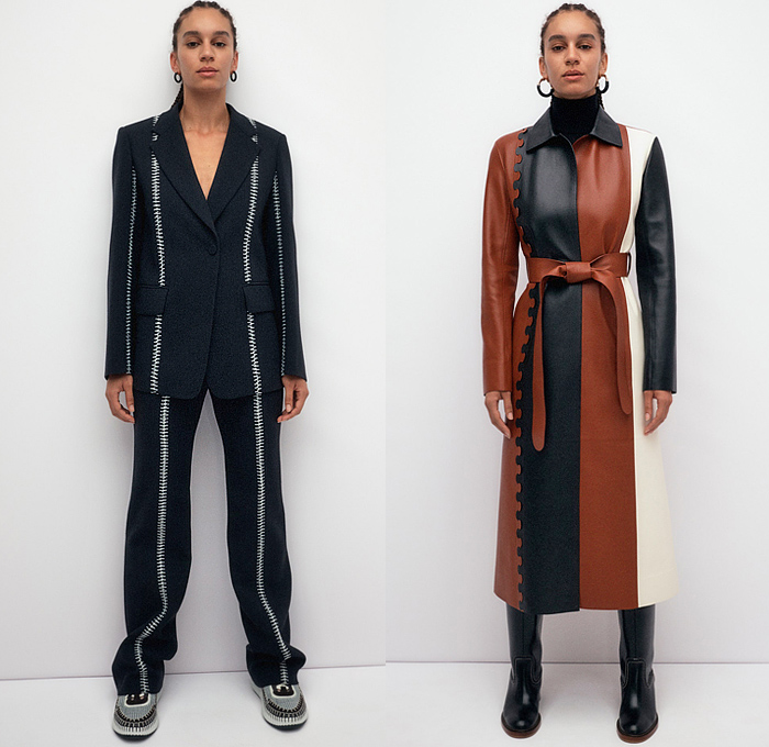 Chloé 2022 Pre-Fall Autumn Womens Lookbook Presentation - Balloon Leg O'Mutton Wide Cupcake Sleeves Ruffles Oversleeve Capelet Holes Eyelets Leaves Foliage Decorative Art Blouse Scales Knit Crochet Mesh Fishnet Adorned Threads Fringes Shawl Dress Zipper Stitch Pantsuit Blazer Patchwork Colorblock Trench Coat Bomber Jacket Fur Plush Embroidery Fleece Wool Midi Skirt Sandals Boots Handbag